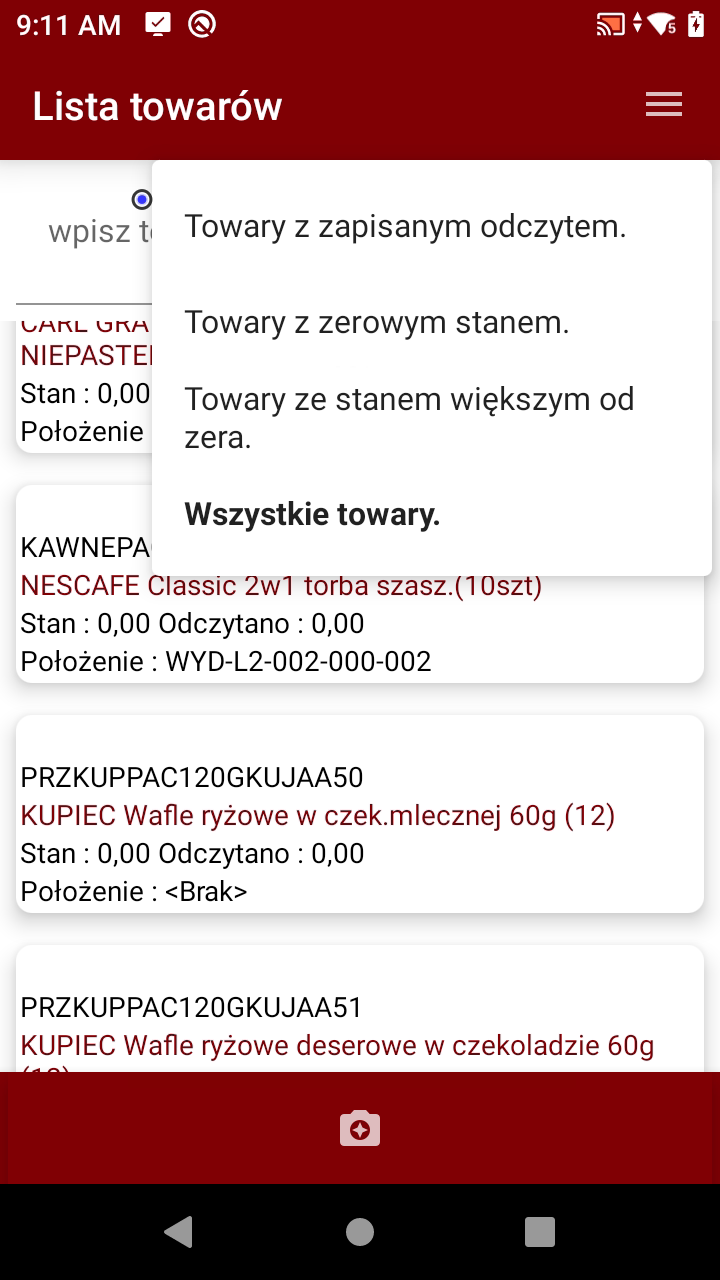 Lista towarów podczas inwentaryzacji