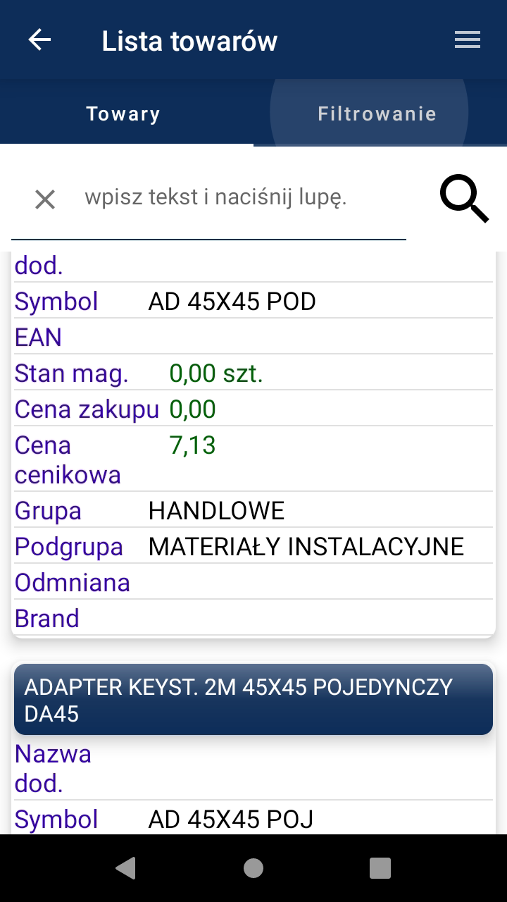 Lista towarów z cenami